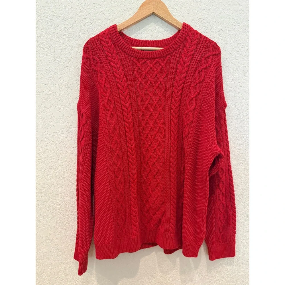 J.Crew Womens 2X Red Cable Knit Sweater 100% Cotton Crewneck Pullover Fisherman - Picture 2 of 10